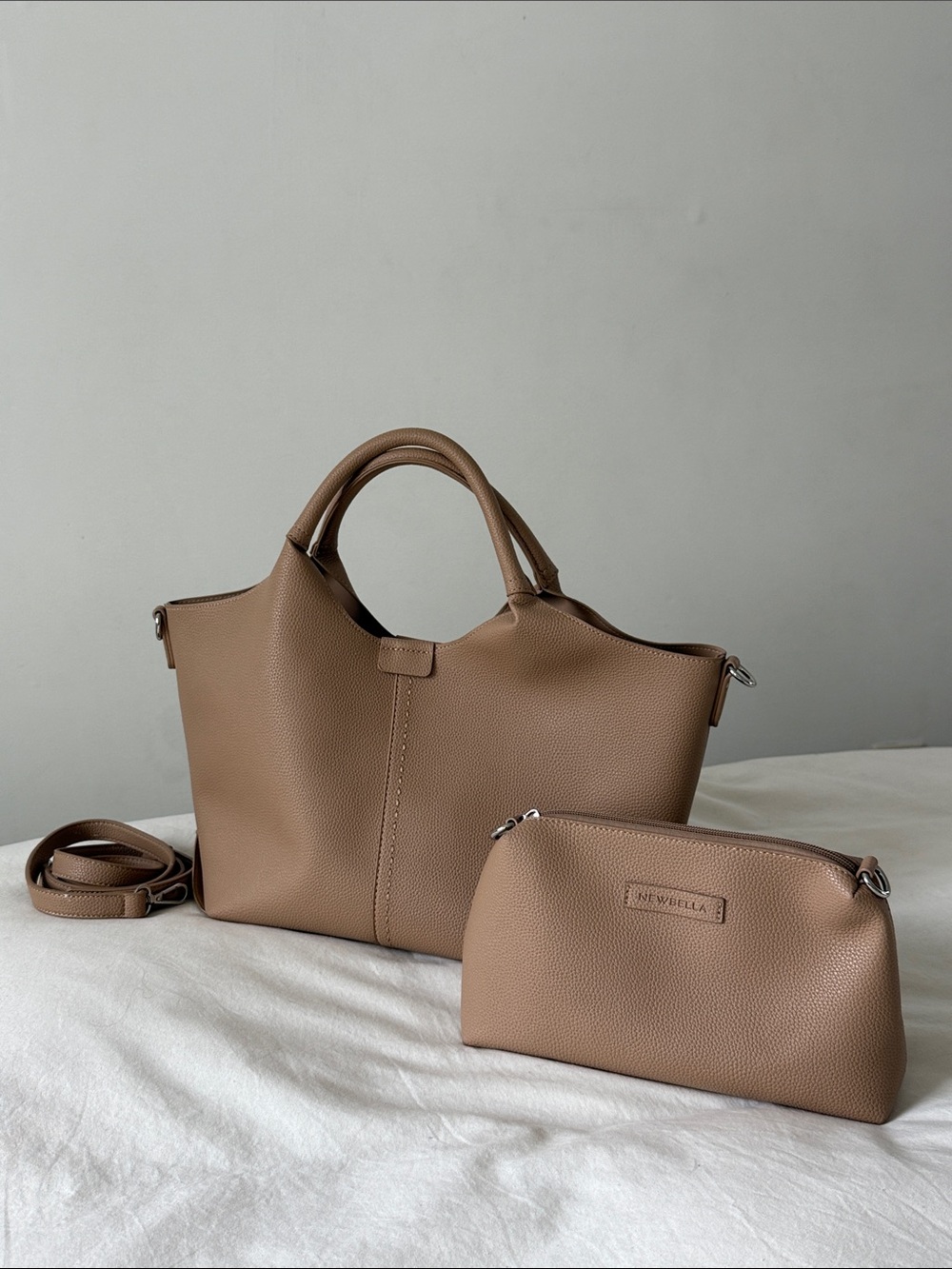 Structured Taupe Tote with Matching Pouch — Newbella